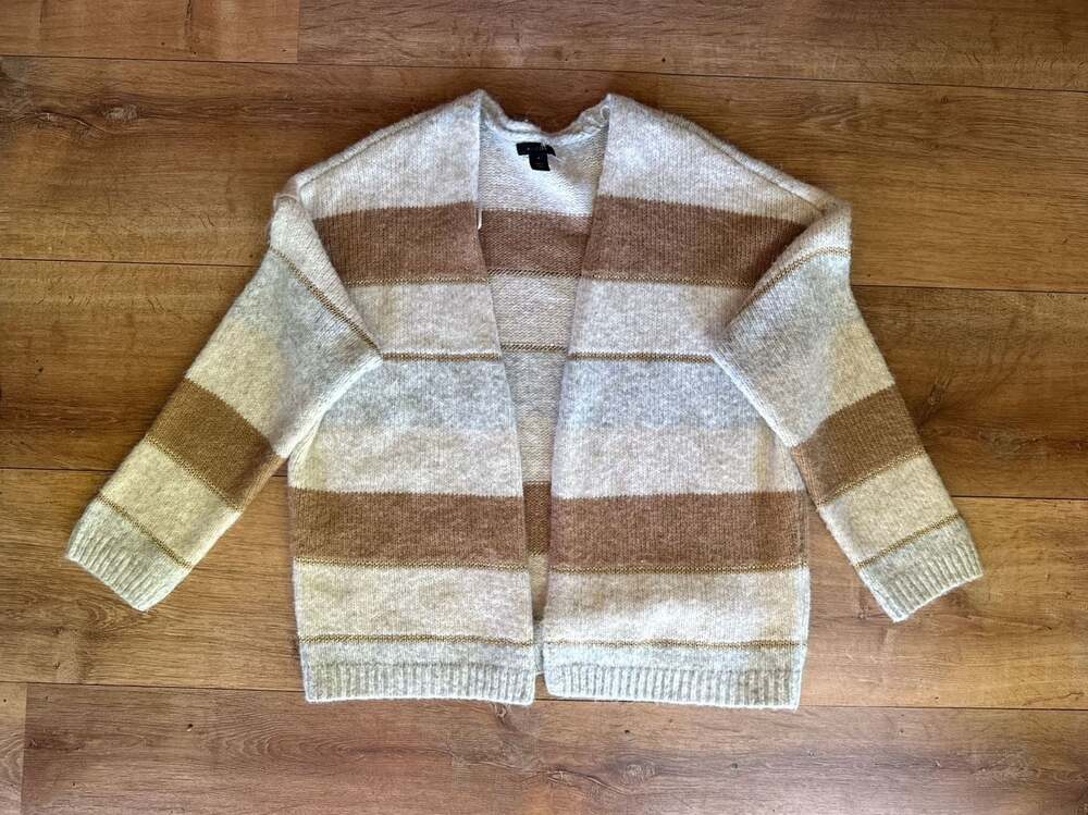 Halogen Striped Open Front Alpaca Blend Cardigan Sweater w/ Metallic Gold Detail